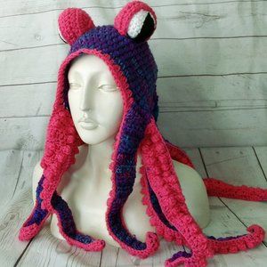 Crochet Octopus Hat Variegated Purples and Hot Pink Adult Size